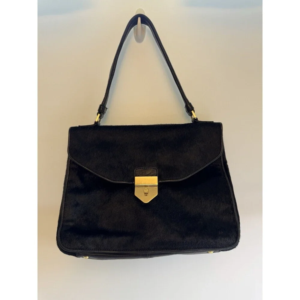 Isaac Mizrahi Black Genuine Leather Shoulder Bag- Faux Fur